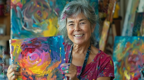 A woman with paint-splattered hands and a vibrant smile holds up a canvas, brimming with creative energy.