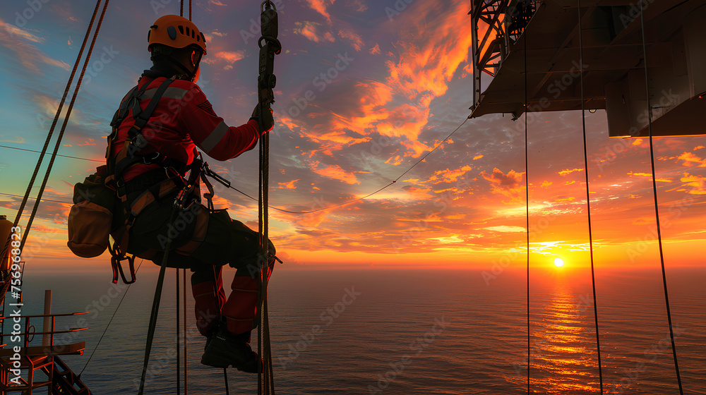 Abseiling from a height at offshore platform Stock Photo | Adobe Stock