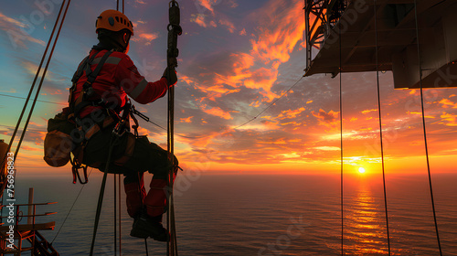 Abseiling from a height at offshore platform photo