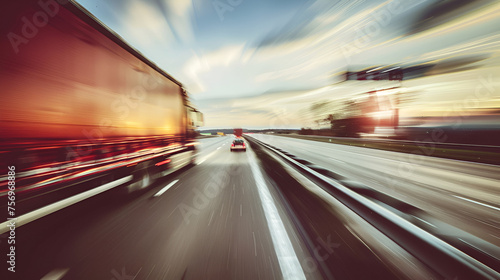 American Truck Speeding on Freeway  Blurred Motion Background of Urban Transportation  Highway Traffic Scene  Generative AI  
