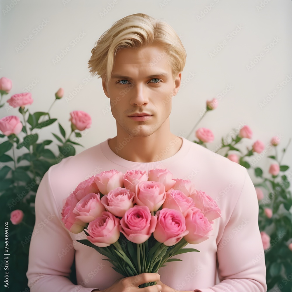 HANDSOME BLOND MAN WITH A BOUQUET OF PINK FLOWERS wite bayground