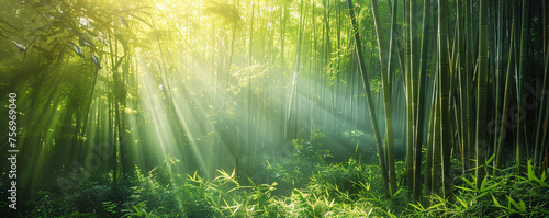 Bamboo grove in morning mist, conveying tranquility and the charm of Asian landscapes