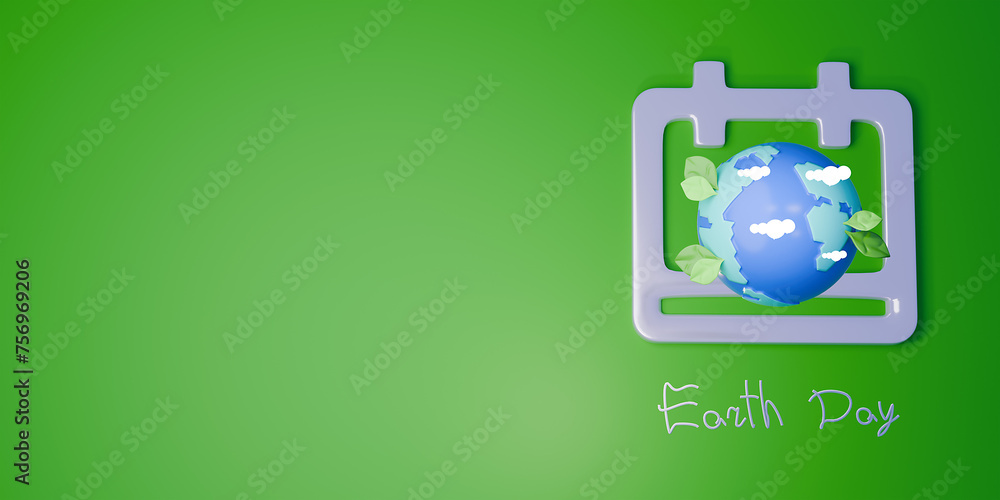 Fototapeta premium Earth day concept. Planet and leafs with calendar. 3d render.