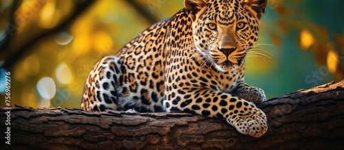 A carnivorous organism from the Felidae family, the African leopard with whiskers adapted for hunting, sits on a tree branch, a terrestrial animal known for preying on fawns