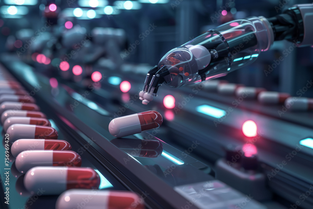 Create an image of a futuristic pill manufacturing facility with robotic arms assembling pills in a clean, sterile environment, conveying advanced technology and automation in a futuristic style. - obrazy, fototapety, plakaty 