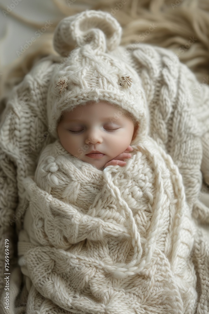 Professional Photography of a newborn snuggled in a cozy knit cocoon, Generative AI Professional Photography of a newborn snuggled in a cozy knit cocoon, Generative AI