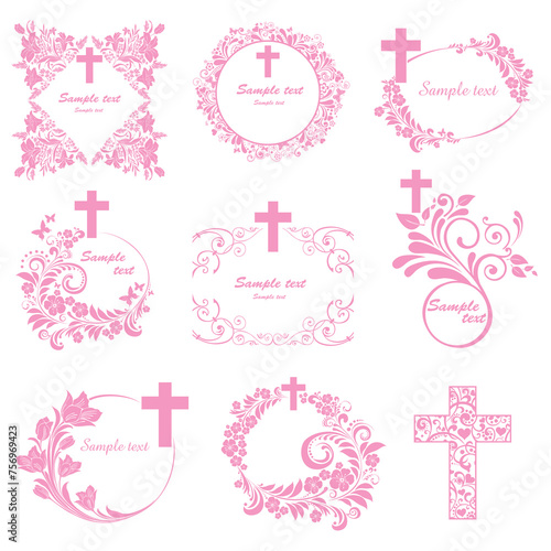 Cross icons set. Obituary notice - art deco frames with cross. Big Collection of Christian Symbol design elements isolated on White background. Vector illustration