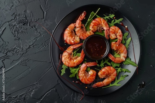 boiled shrimps on black plate with greens and sauce, top view on dark background