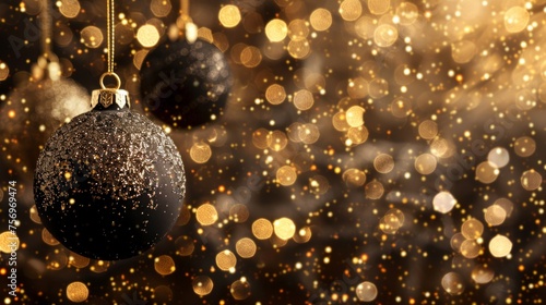 Golden and black Christmas ornament hanging with a glittering bokeh background, conveying holiday warmth.