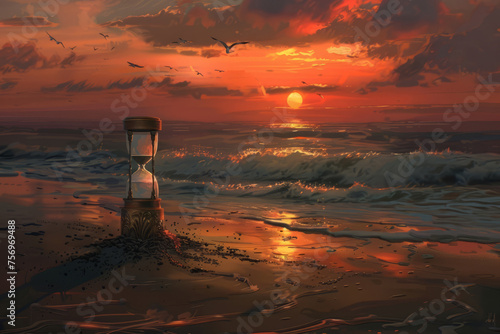 An hourglass stands alone on a quiet beach at sunset, with gentle waves.