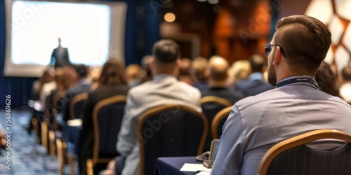 Attentive professionals listening to a speaker at a corporate conference event.