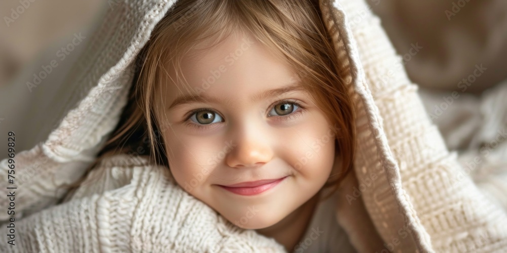 Close-up portrait of a charming young girl smiling under a knitted blanket, exuding warmth and innocence. Close-up portrait of a charming young girl smiling under a knitted blanket, exuding warmth and innocence.