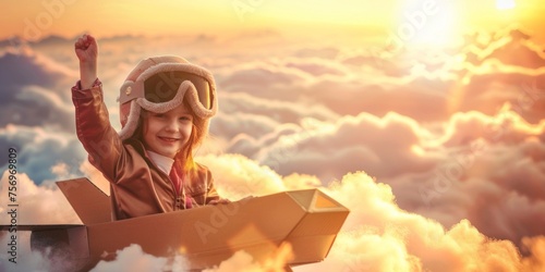 Joyful child playing as a pilot in a cardboard airplane, soaring above the clouds at sunset.