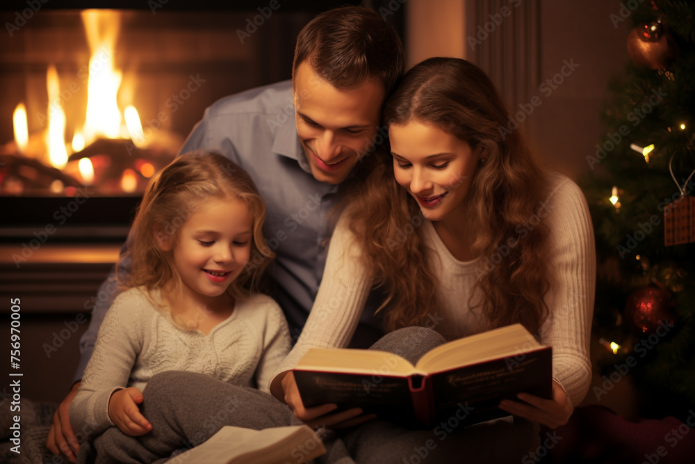 Happy Family Celebrating Christmas Together, Children and Parents in Cozy Home Atmosphere Happy Family Celebrating Christmas Together, Children and Parents in Cozy Home Atmosphere