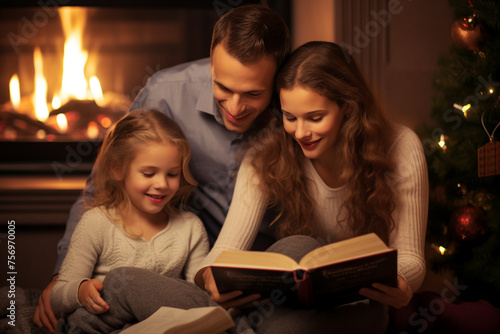 Happy Family Celebrating Christmas Together, Children and Parents in Cozy Home Atmosphere