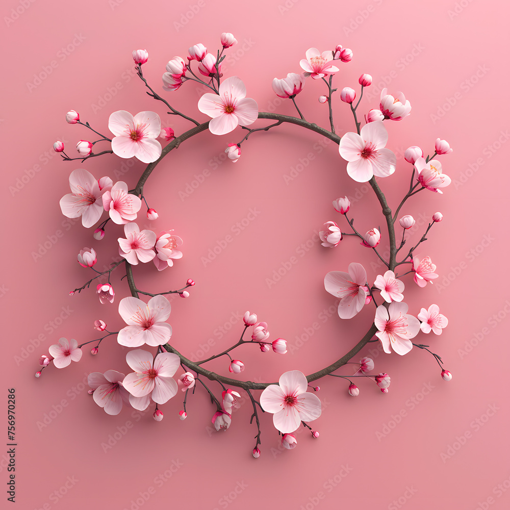 A beautiful wreath featuring cherry blossoms on a soft pink background, perfect as a hair accessory or wall art. This delicate flower symbolizes spring and renewal