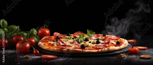 Close up front view of fresh hot pizza on black stone.