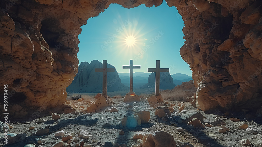 View of the three crosses on Golgotha from the side of the Holy Sepulchre at sunrise.	 - obrazy, fototapety, plakaty 