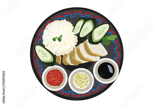 Hainanese Chicken Rice. National Dish of Singapore which originated from Hainan, China. Also popular in Indonesia and Malaysia. Editable Clip art.