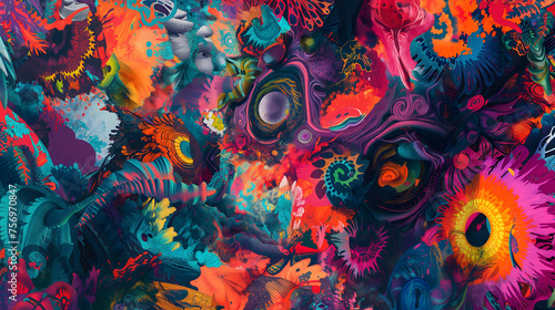 Saturated colorful mad abstract background, random different shapes and objects, hallucinations of ancient shaman after mushroom overdose. Neural network generated image. Not based on any actual scene © lucky pics