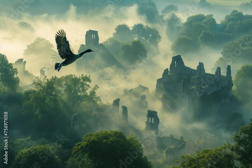 A black swan taking flight over a mystical valley shrouded in mist, with ancient ruins standing silent below, evoking a sense of mystery and historic allure.
