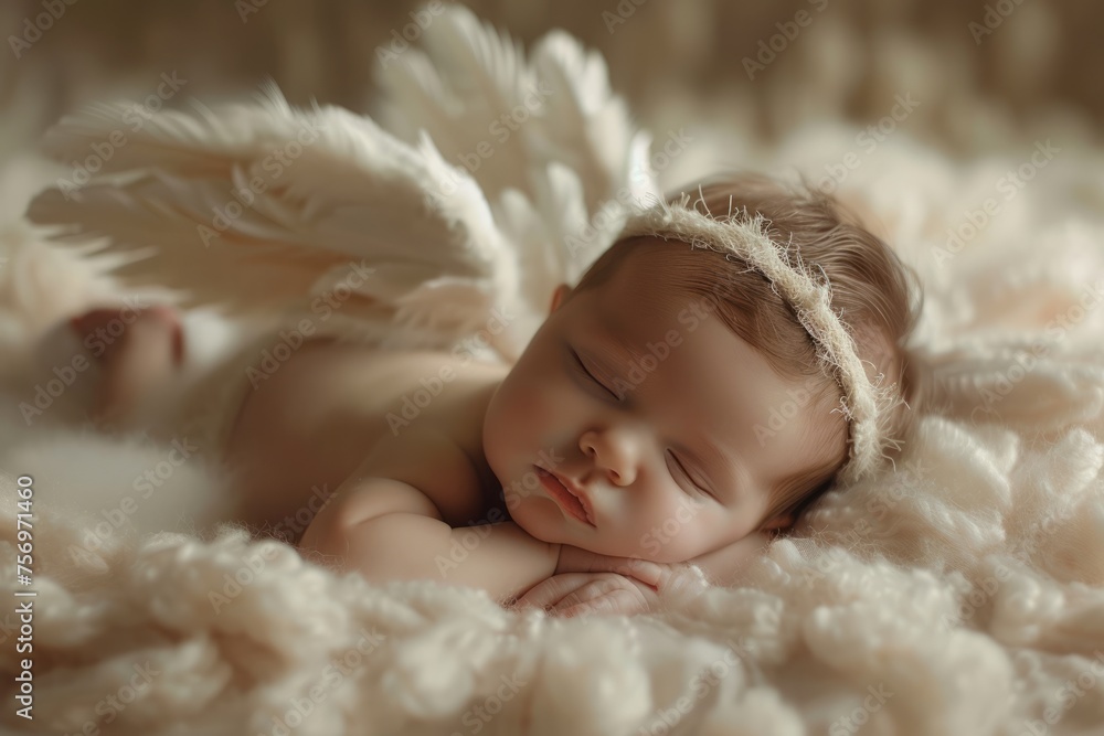 Professional Photography of a newborn wearing angel wings and sleeping on a cloud-like fluffy white blanket, Generative AI Professional Photography of a newborn wearing angel wings and sleeping on a cloud-like fluffy white blanket, Generative AI