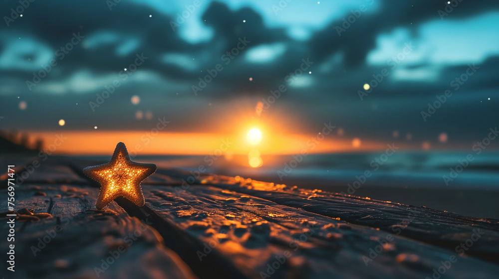 Ein gelber Stern aus Glas steht auf einem Holztisch bei Sonnenaufgang oder Sonnenuntergang und leuchtet durch die Sonnenstrahlen - obrazy, fototapety, plakaty 
