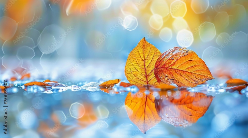 A solitary orange autumn leaf on a reflective wet surface, surrounded by soft bokeh light effects. A solitary orange autumn leaf on a reflective wet surface, surrounded by soft bokeh light effects.