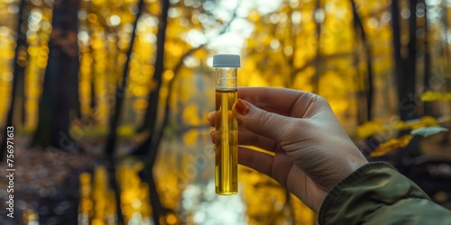 Person holding a vial with golden forest hues, possibly collecting environmental samples in autumn.