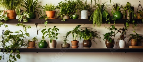 A wooden shelf displaying a variety of houseplants in flowerpots  including shrubs and grasses  creating a beautiful green display on the wall
