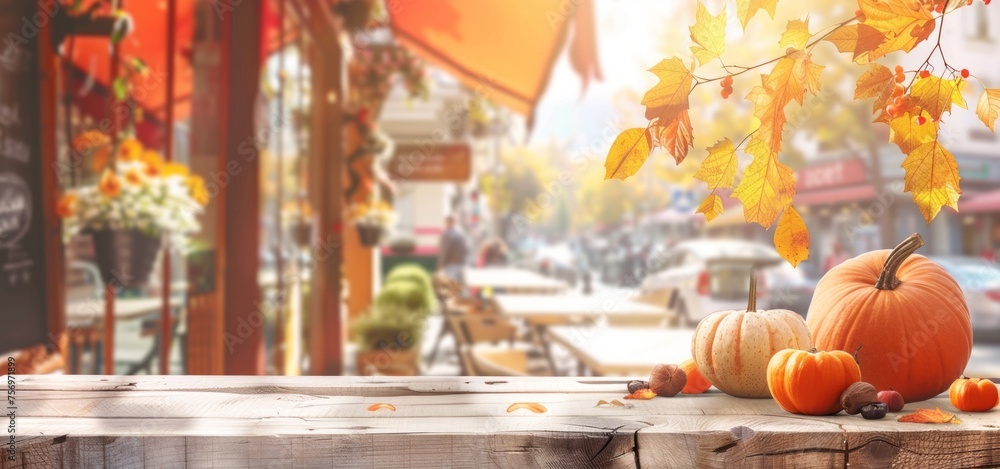 Vibrant autumn arrangement with pumpkins and leaves on a wooden table, with a blurred street background. Vibrant autumn arrangement with pumpkins and leaves on a wooden table, with a blurred street background.