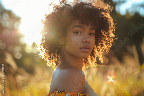 Golden hour portrait of a young woman amidst a field, capturing a serene mood.