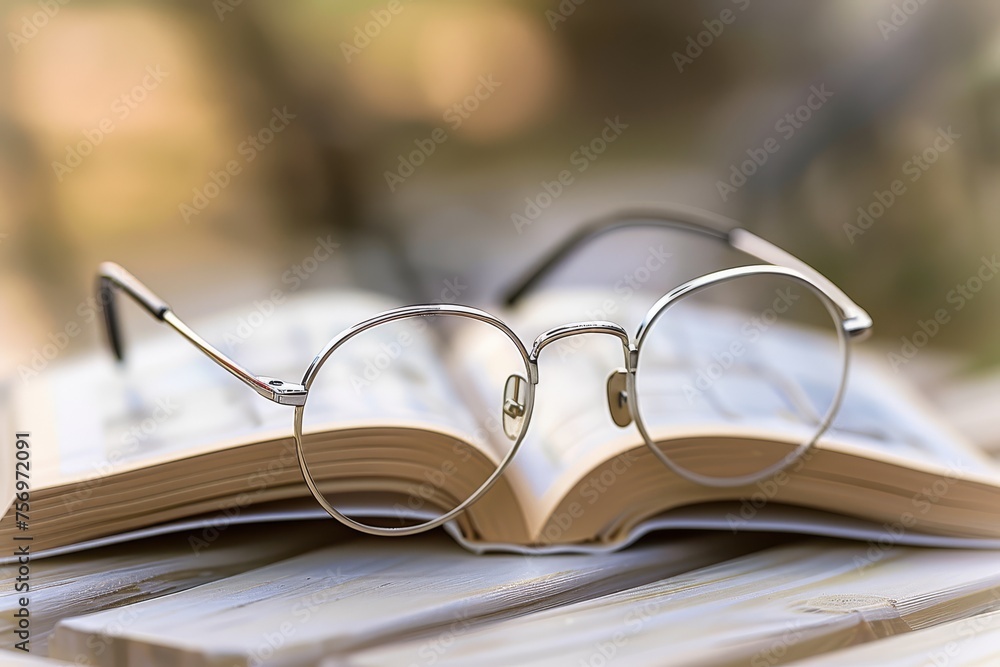 Round eyeglasses on an open book in soft light. Round eyeglasses on an open book in soft light.
