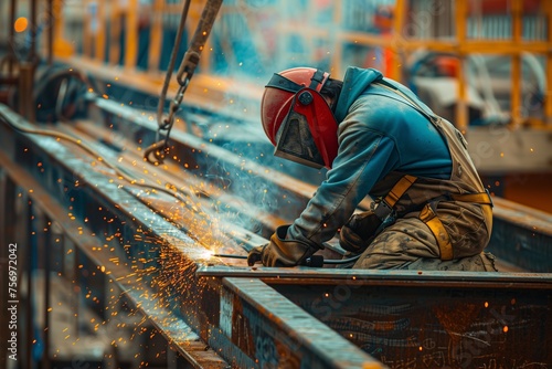 A welder wearing protective clothing and a mask works on a construction site, connecting metal parts of a large structure, such as a bridge or building. Light flashes and sparks created by welding equ photo
