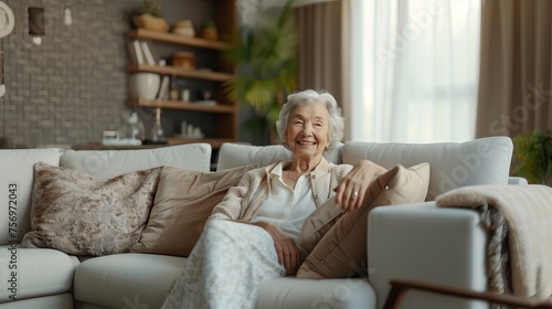 A beautiful woman with gray hair sits on an armchair in her home.