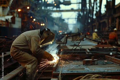 A welder wearing protective clothing and a mask works on a construction site, connecting metal parts of a large structure, such as a bridge or building. Light flashes and sparks created by welding equ photo