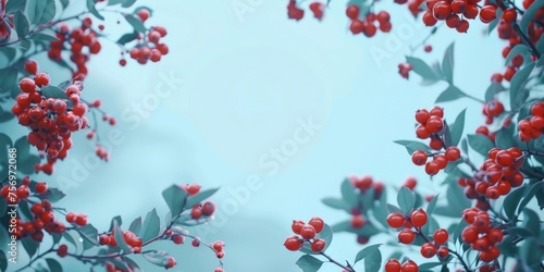 Vivid red winter berries contrasted against a soft blue background with ample copy space.