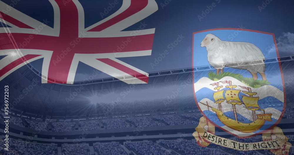 Fototapeta premium Image of flag of falkland islands over sports stadium