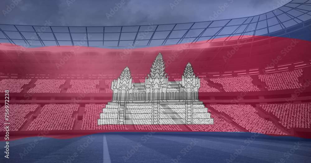 Fototapeta premium Image of flag of cambodia over sports stadium