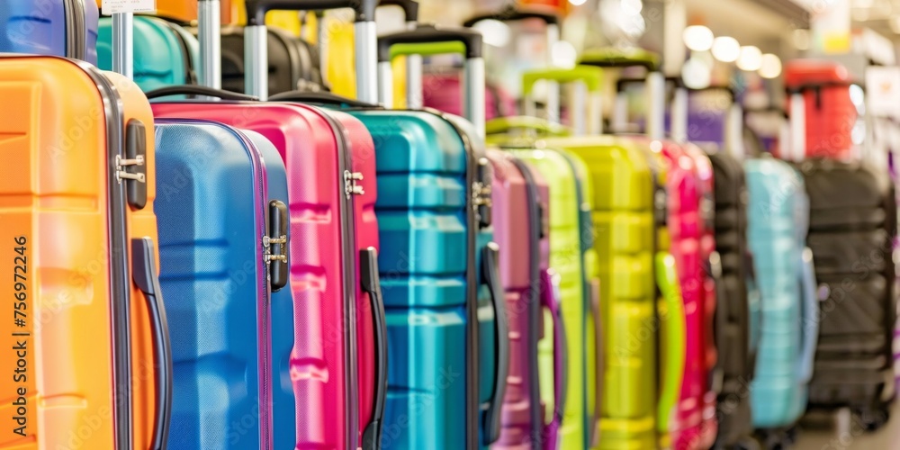An array of bright, colorful suitcases lined up for sale in a luggage store, travel preparation.