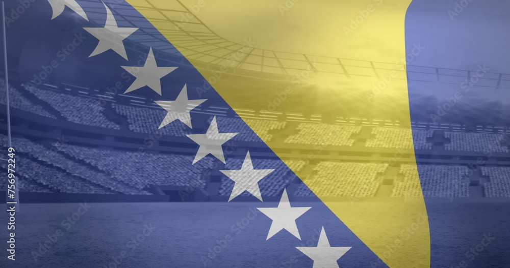 Fototapeta premium Image of flag of bosnia and herzegovina over sports stadium
