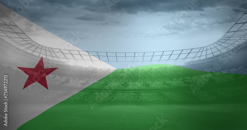 Image of flag of djibouti over sports stadium