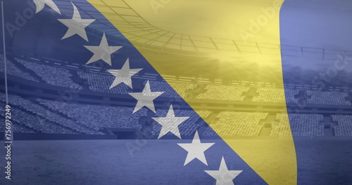 Image of flag of bosnia and herzegovina over sports stadium