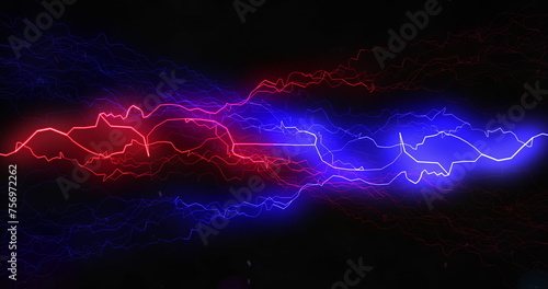 Vibrant blue and red lightning bolts electrify the darkness