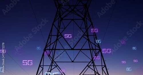 Image of network of 5g and 6g text over electric pylon