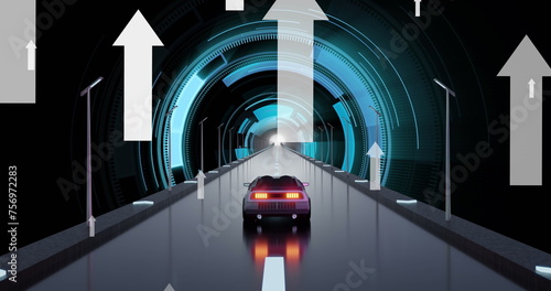 Image of digital interface with arrows over car driving