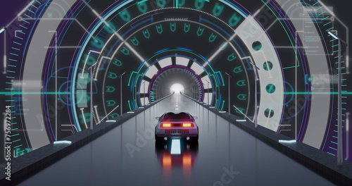 Image of digital interface wth binary coding over image car driving