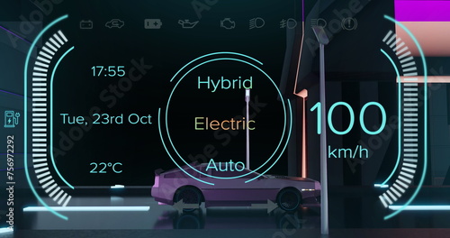 Image of digital interface with charging text over electric car driving