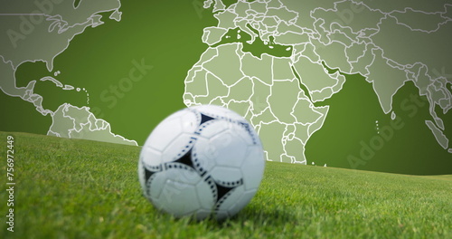 Image of moving world map over football ball