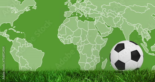 Image of world map and football over stadium